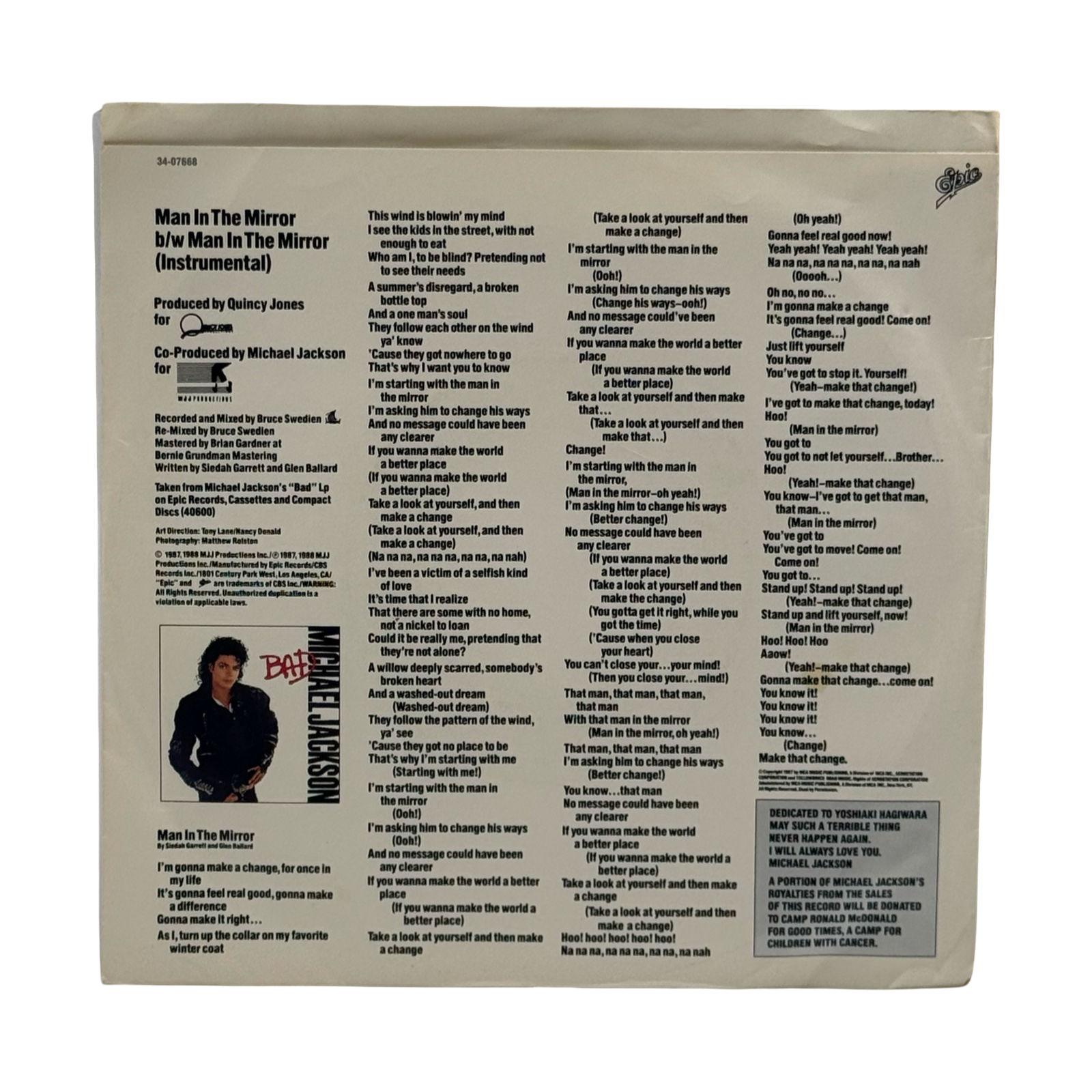 Michael Jackson 'Man In The Mirror' 7″ 45 Single (USA