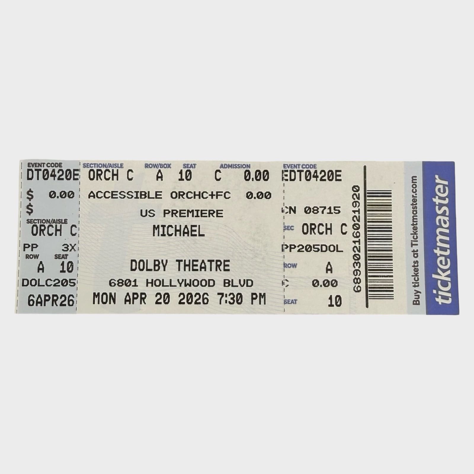 Michael (2026) Hollywood US Movie Premiere Original Ticket